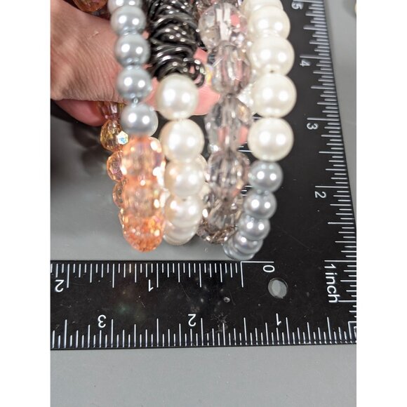 Pink Gray Faux Pearl Beaded Coil Bracelet Gray Metal Chain Wide 7.5" - Picture 9 of 9